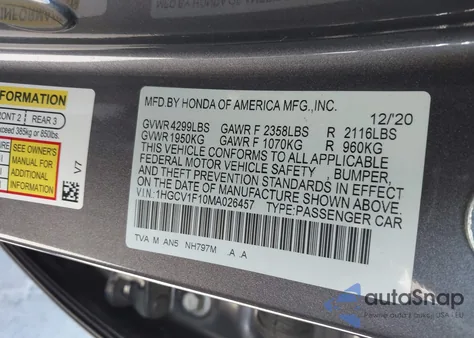 2021 Honda Accord Lx из США, поврежденный, VIN 1HGCV1F10MA026457